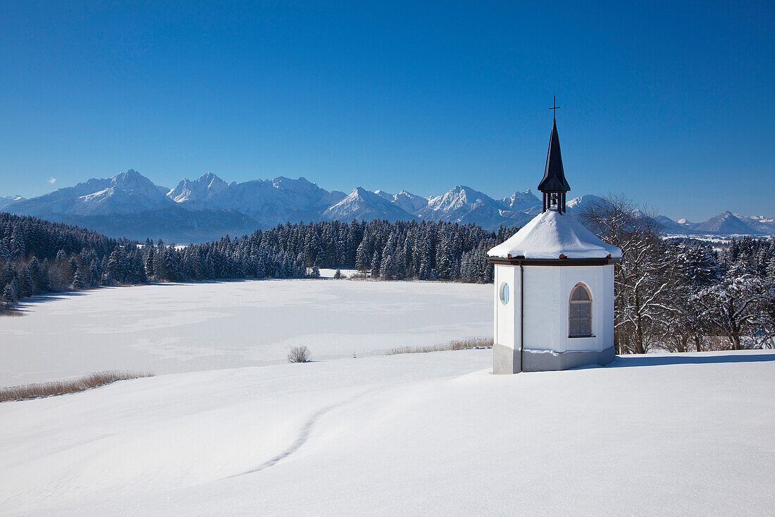Chapel with view towards the Allgaeu Alps, Allgaeu, Bavaria, Germany