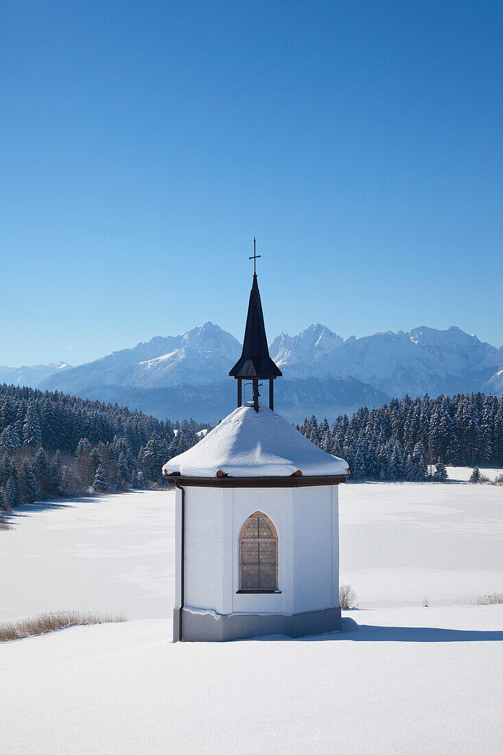 Chapel with view towards the Allgaeu Alps, Allgaeu, Bavaria, Germany
