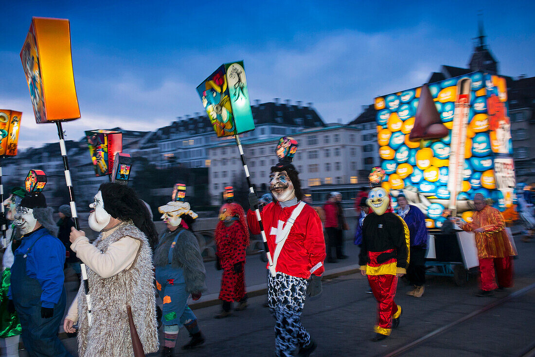 Procession of colourful lanterns, Morgenstraich, Carnival of Basel, canton of Basel, Switzerland