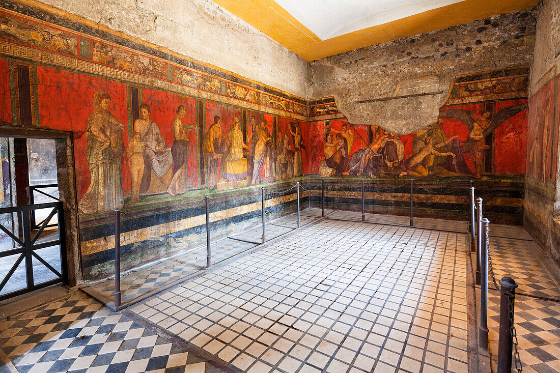 Fresco im Mysteriensaal, Mysterienvilla, Antike Stadt Pompeji, Golf von Neapel, Italien
