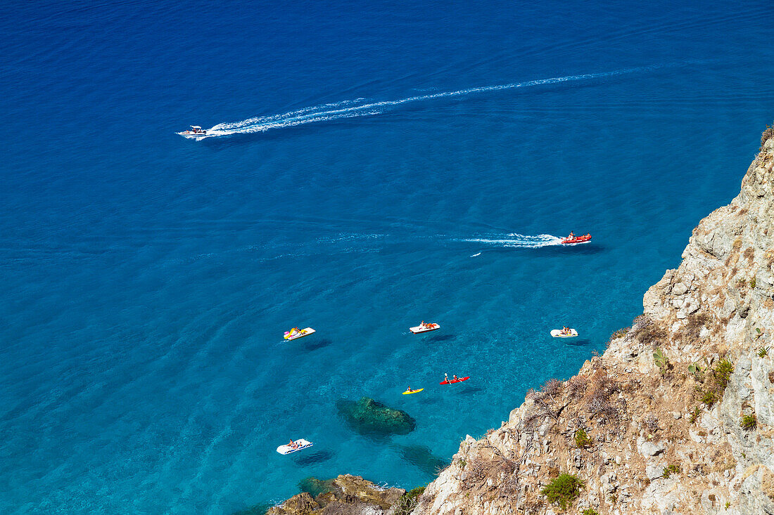 Boats at Capo Vaticano south of Tropea, Tyrrhenian Sea, Calabria, Mediterranean, Southern Italy, Europe