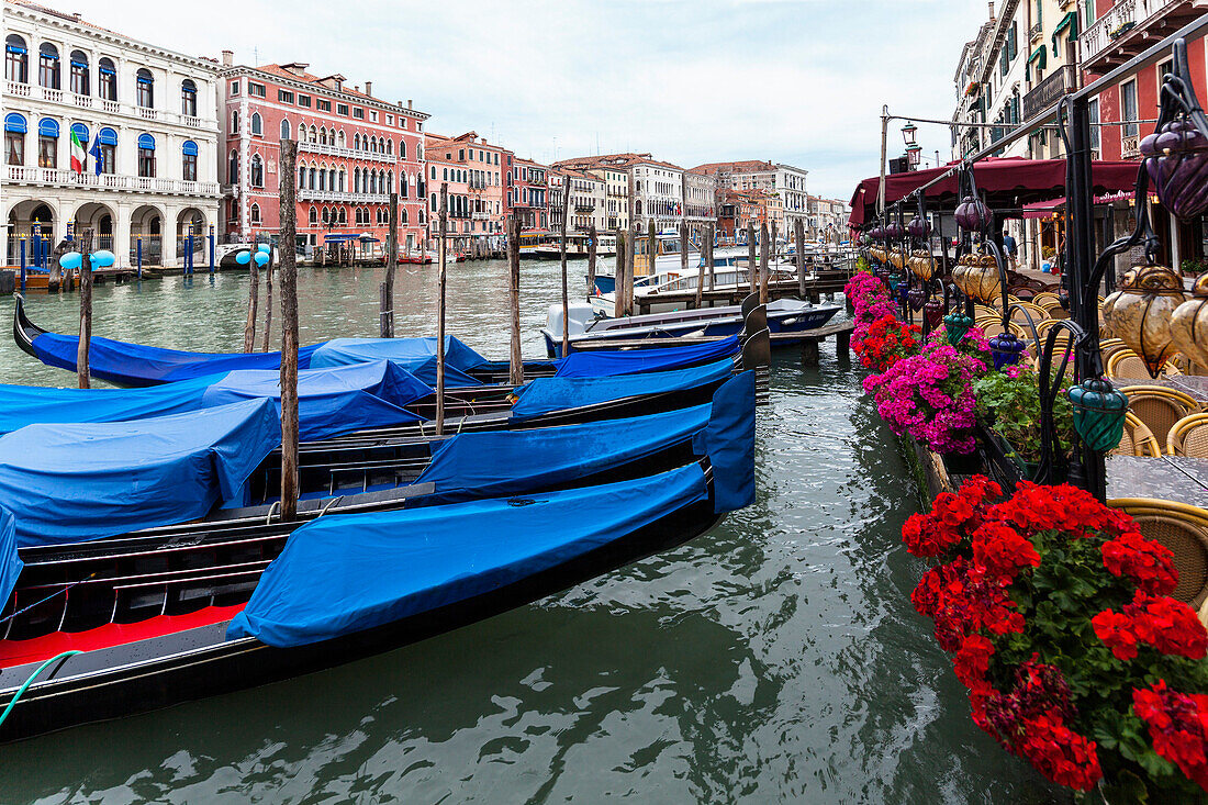 Gondolas and restaurant at the Grand Canal, Venice, Venetia, Italy, Europe