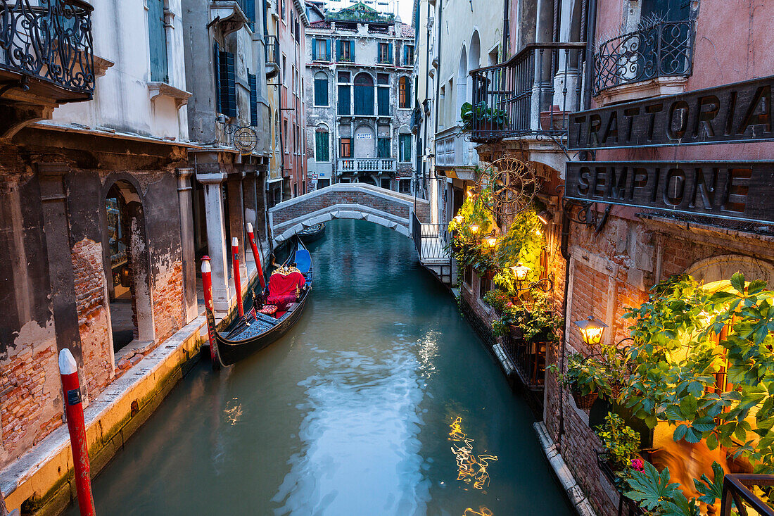Gondola and restaurant, canal, Venice, Venetia, Italy, Europe