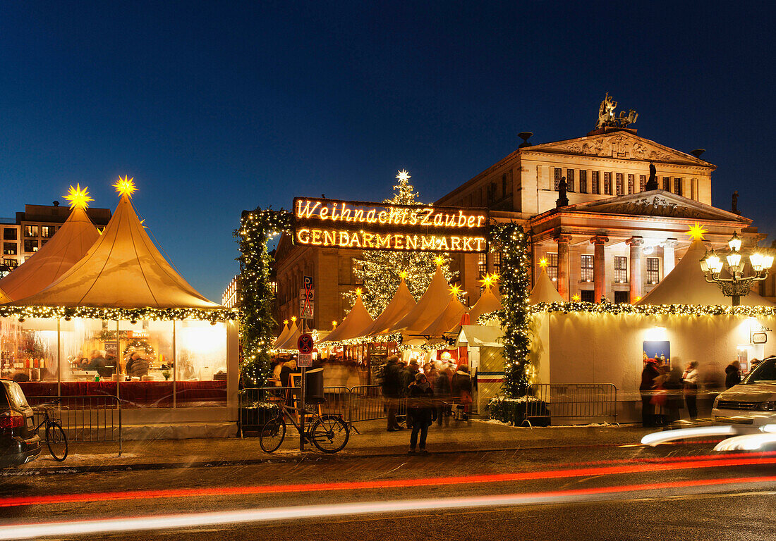Christmas market with the Schauspielhaus at night, Magic of Christmas market on Gendarmenmarkt square, Berlin center, Berlin, Germany, Europe