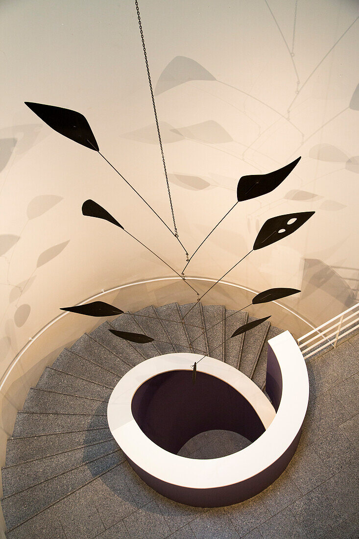 Black Spray, a hanging mobile with painted sheet metal by Alexander Calder, 1956, on display in a spiral staircase at Museo Coleccion Berardo, Berardo Collection Museum, in Belem, Lisbon, Lisboa, Portugal