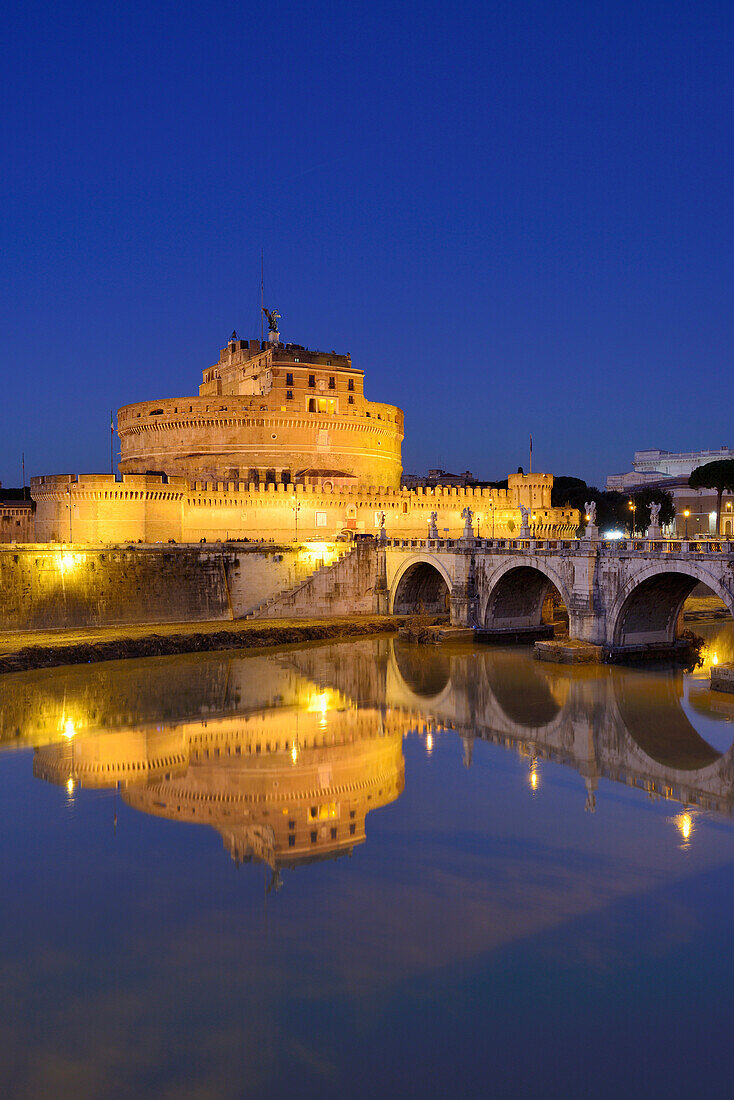 Castel Sant´Angelo above the Tiber river at night, illuminated, UNESCO World Heritage Site Rome, Rome, Latium, Lazio, Italy