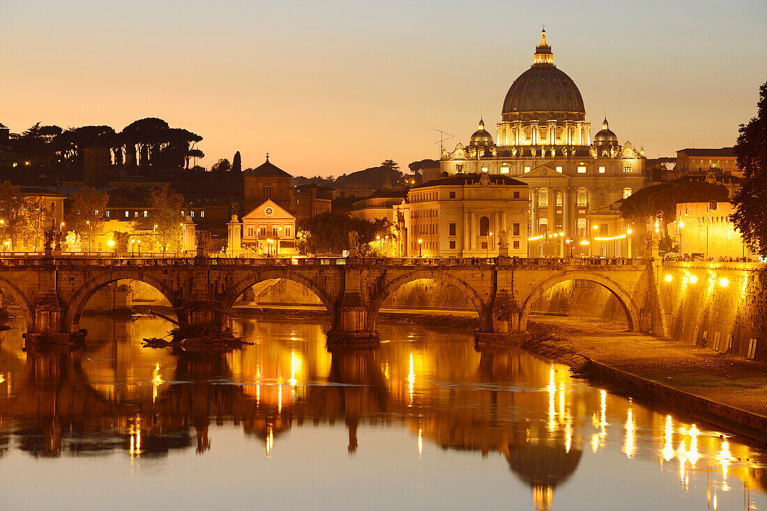 St Peter´s basilica above the river Tiber at night, illuminated, UNESCO World Heritage Site Rome, Rome, Latium, Lazio, Italy