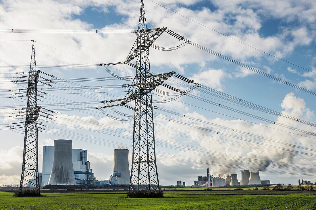 Power poles and coal power station Neurath near Grevenbroich, North Rhine-Westphalia, Germany