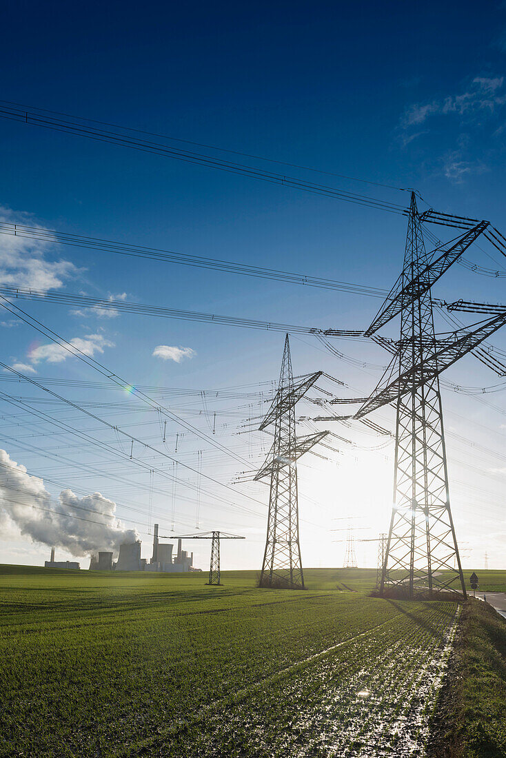 Power poles and coal power station Neurath near Grevenbroich, North Rhine-Westphalia, Germany