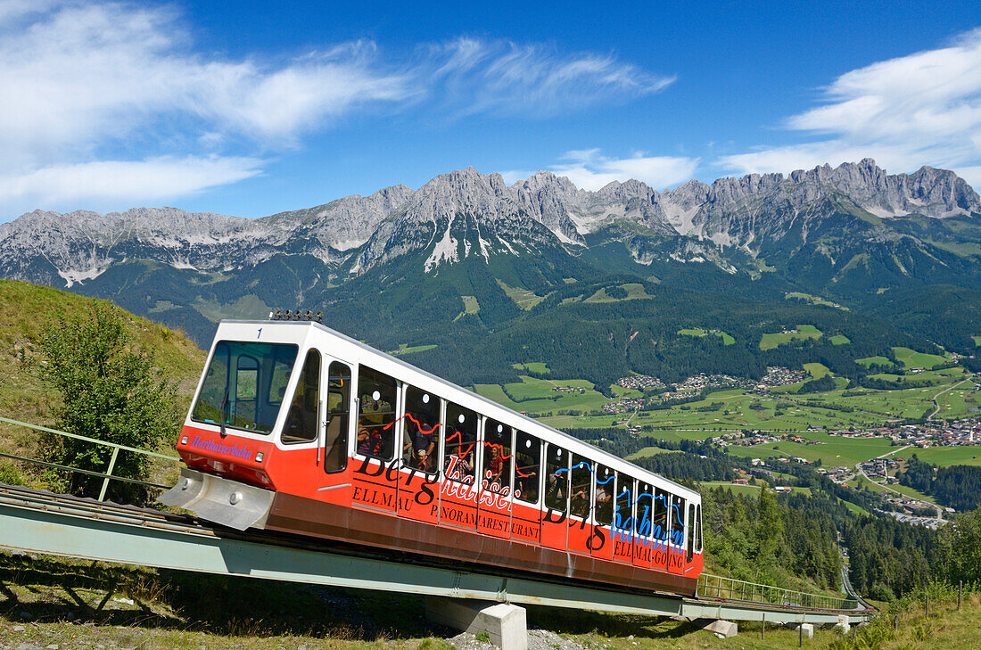 Hartkaiser funicular cable railway, View towards Wilder Kaiser, Ellmau, Tyrol, Austria