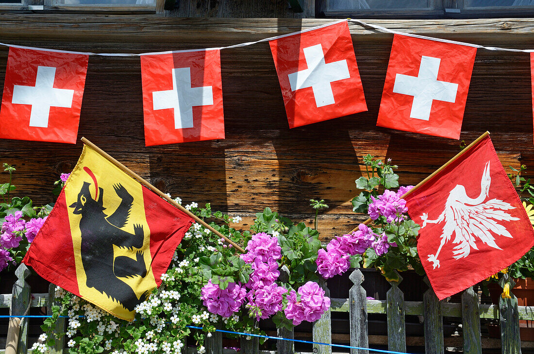 Bauernhof mit Schweizer Kreuz-Flaggen, Gstaad, Saanenland, Berner Oberland, Schweiz, Europa