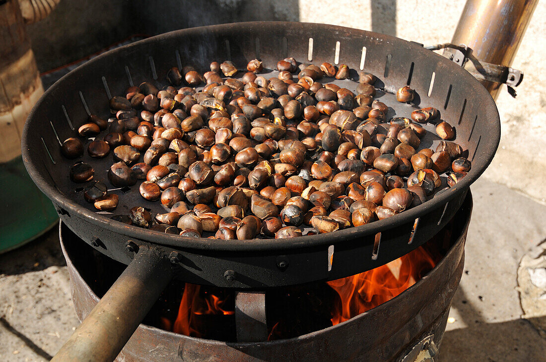 Chestnuts roasting over a fire, South Tyrol, Italy