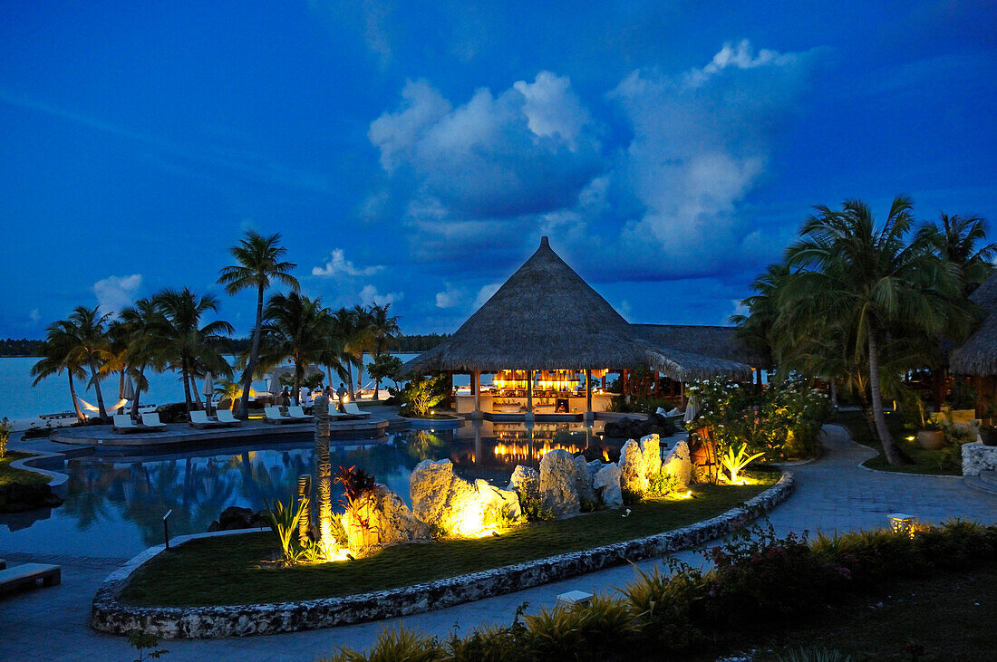 Saint Regis Bora Bora Resort at night, Bora Bora, Society Islands, French Polynesia, Windward Islands, South Pacific