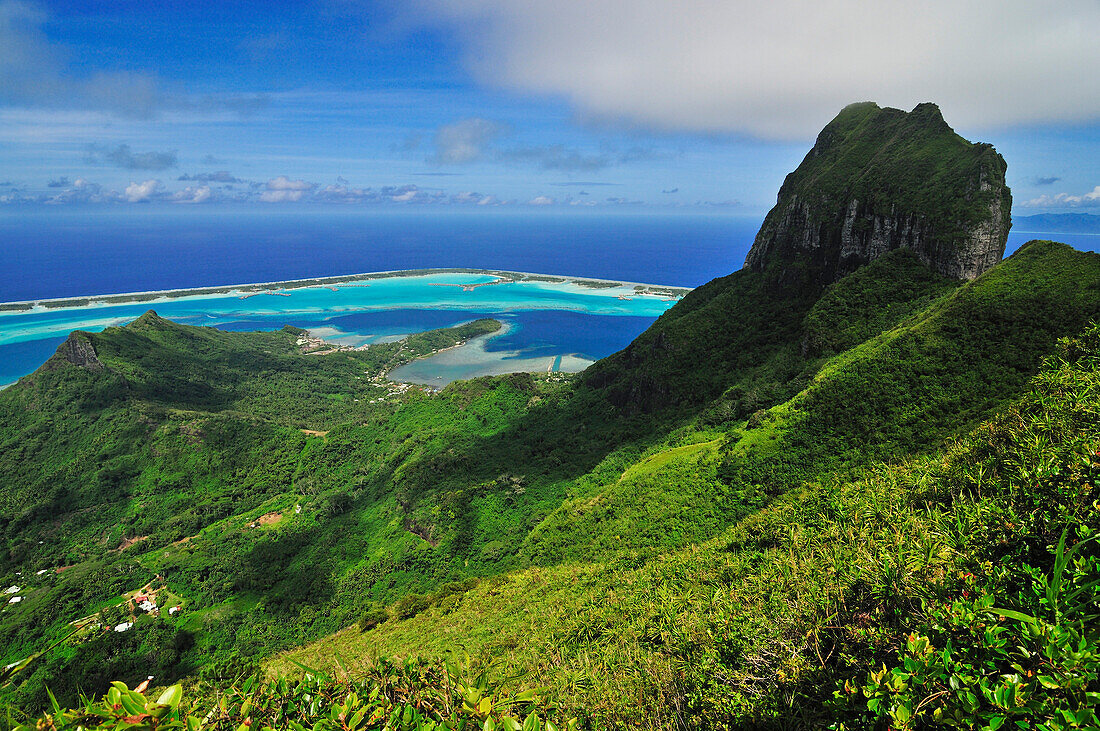 View towards the riff, Motu and Mount Otemanu from Mount Pahia, Bora Bora, Society Islands, French Polynesia, Windward Islands, South Pacific