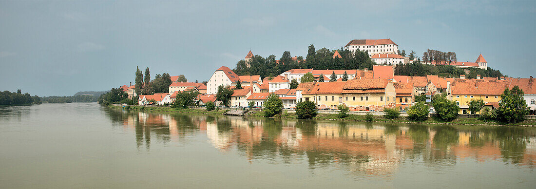 Panoramablick auf die mittelalterliche Stadt Ptuj am Drava Fluss, Stajerska, Slowenien