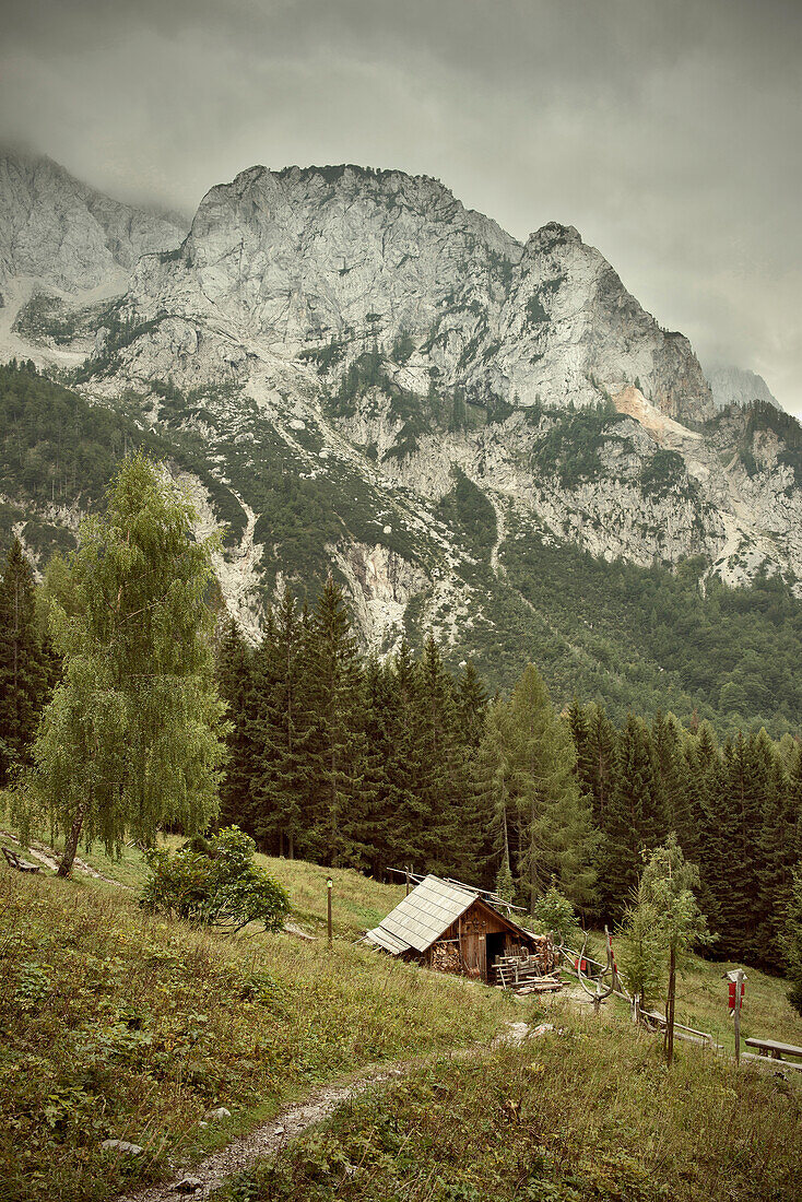 Berghütte und Bergkette im Naturpark Logarska Dolina, Alpen, Stajerska, Slowenien