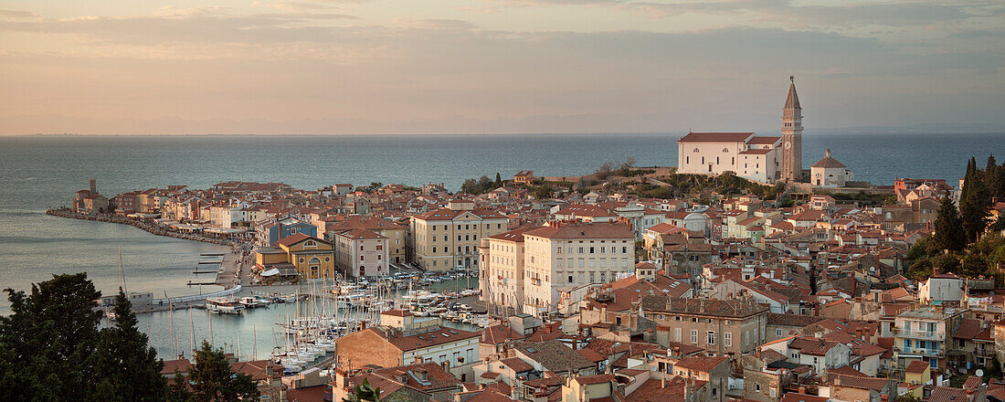 City panorama of Piran with parish church of St Georg, Adria coast, Mediterranean Sea, Primorska, Slovenia