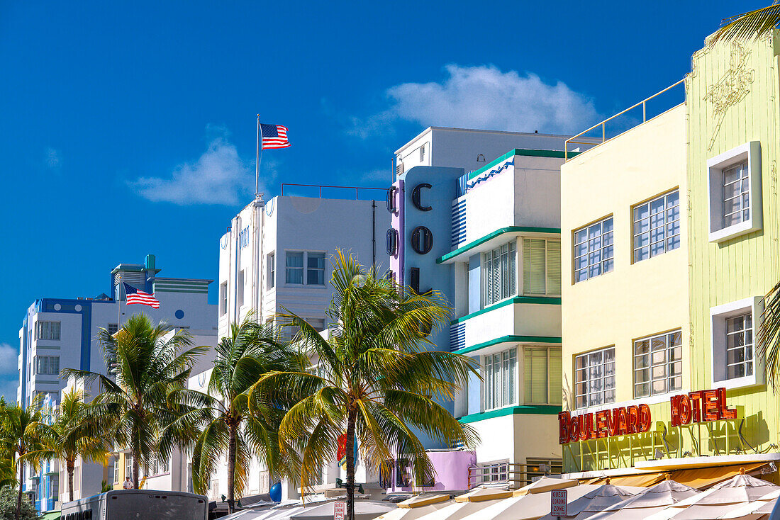 Impression on Ocean Drive with Art Deco architecture, South Beach, Miami, Florida, USA