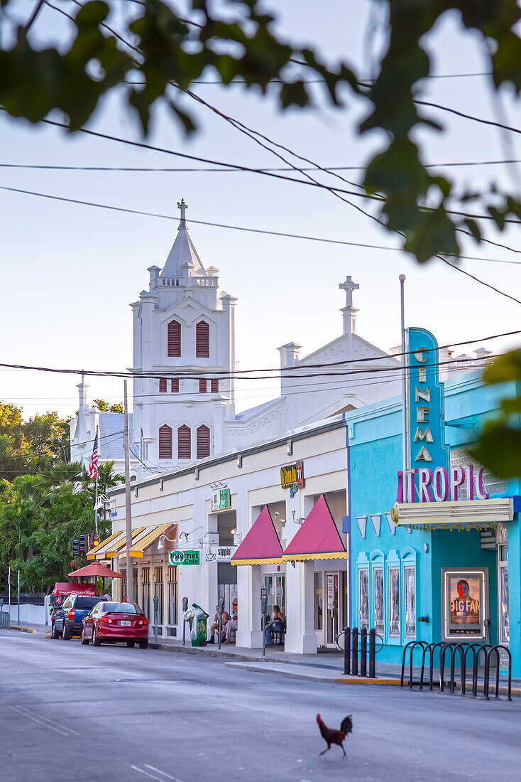 Huhn kreuzt Strasse vor dem Tropic Cinema und der St. Pauls Episcopal Church, Key West, Florida Keys, USA
