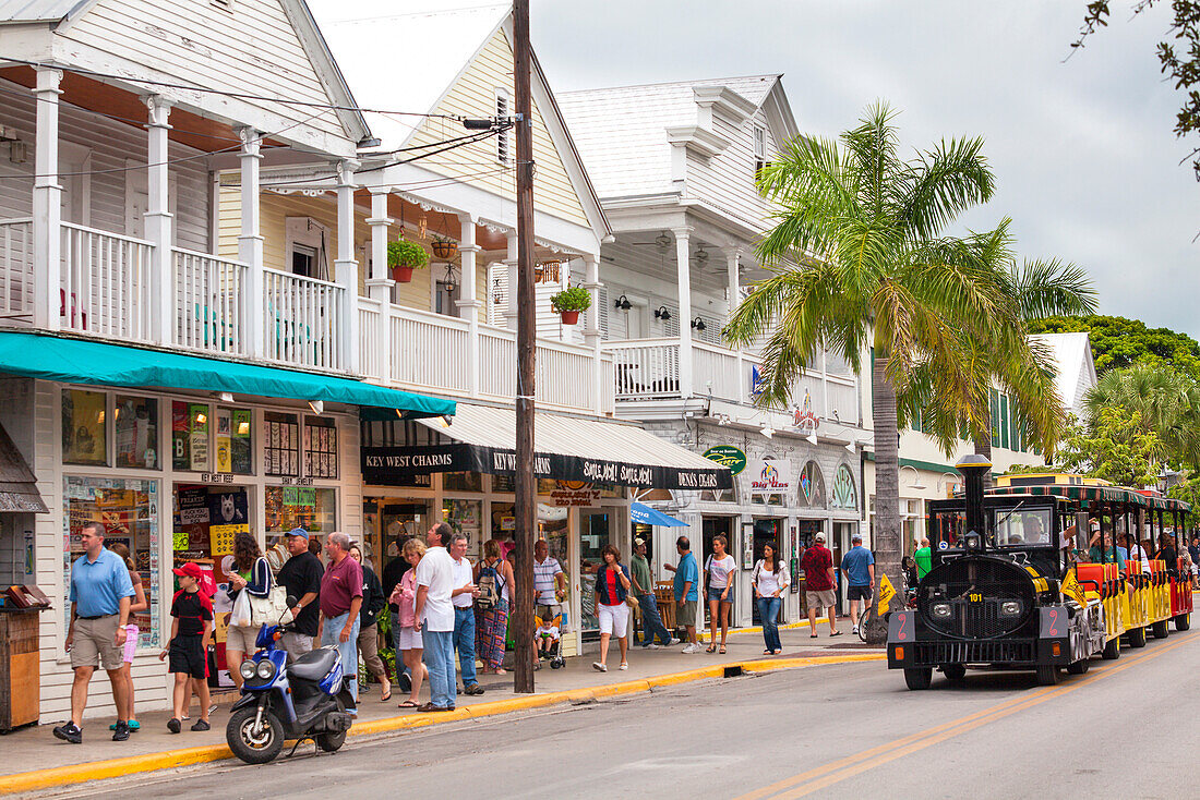 Der Bummelzug Conch Tour Train auf der Shoppingmeile, Duval Street, Key West, Florida Keys, USA