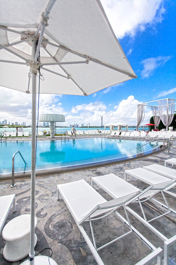 Pool area at luxury hotel Mondrian, South Beach, Miami, Florida, USA