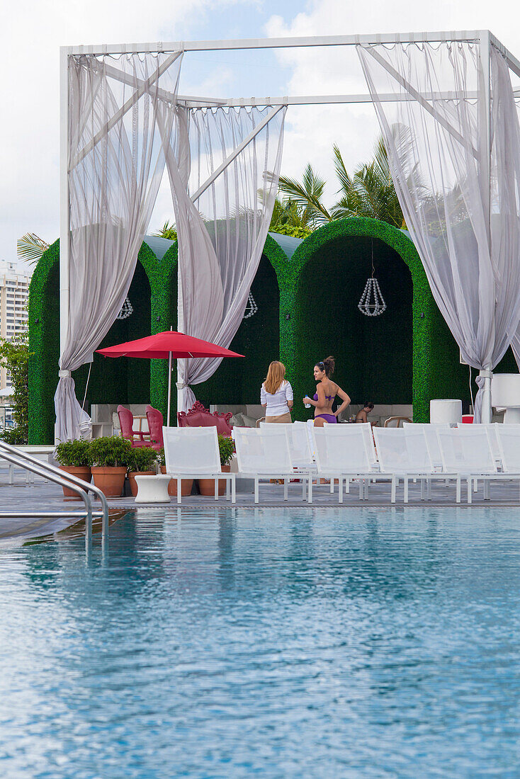 Pool area at luxury hotel Mondrian, South Beach, Miami, Florida, USA
