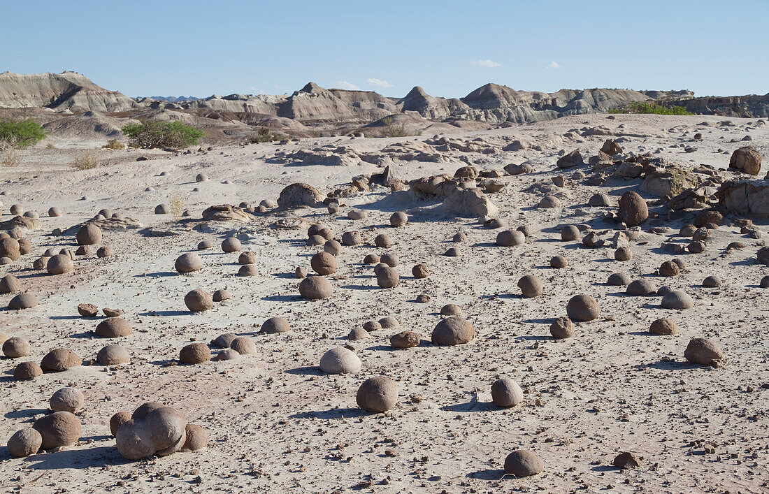 Sand spheres at the Cancha de Bochas, Valle de la Luna (Moon Valley), Ischigualasto Natural Park, San Juan, Argentina