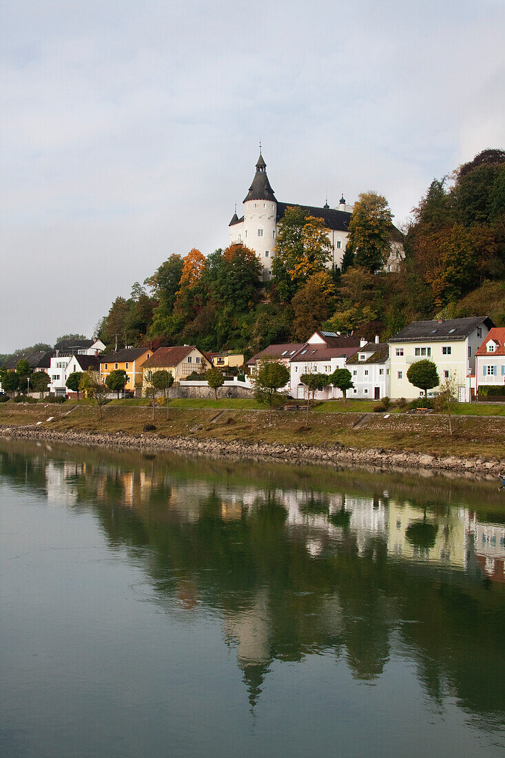 Ottensheim and Ottensheim Castle, as seen from the Danube River, Upper Austria, Austria