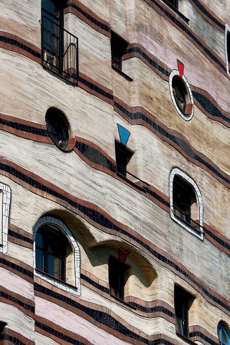 Close-up of window on Waldspirale, a residential building complex in Darmstadt, Germany