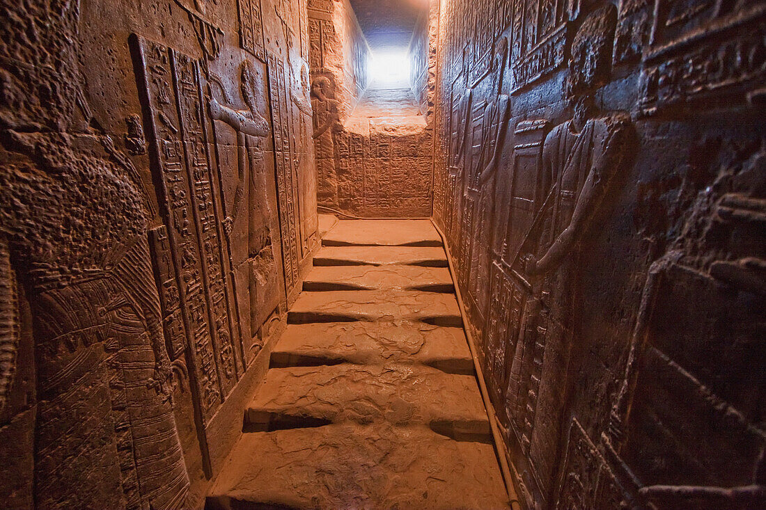 Bas-reliefs in a passage leading to the roof of the Temple of Hathor, Dendera, Qina, Egypt