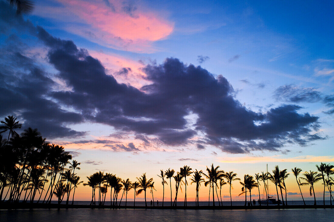 Hawaii, Big Island, Anaeho'omalu Bay Fish Pond, Sunset silhouettes a line of palm trees.