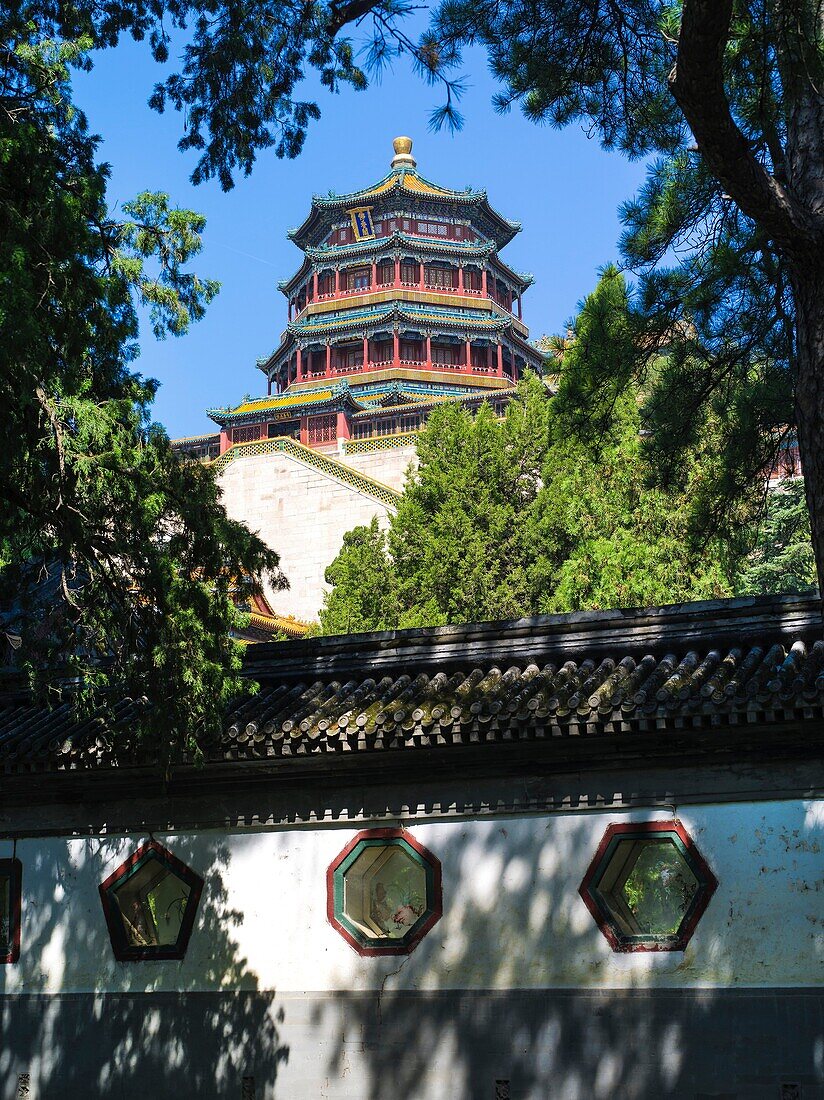 As the symbolic structure in the Summer Palace, the Tower of Buddhist Incense was built on the mountain side during the reign of Emperor Qianlong  It is a classic work of Chinese architecture  It was a religious structure originally planned to be a nine-s