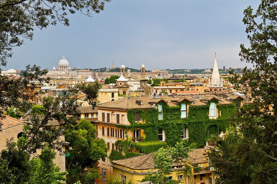 The Roman skyline above Popolo Square in Rome, Italy