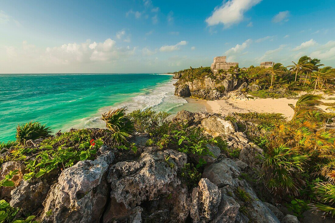 El Castillo The Castle at Tulum, which is the site of a Pre-Columbian Maya walled city serving as a major port for Cobá on the Caribbean Sea, Riviera Maya, Mexico
