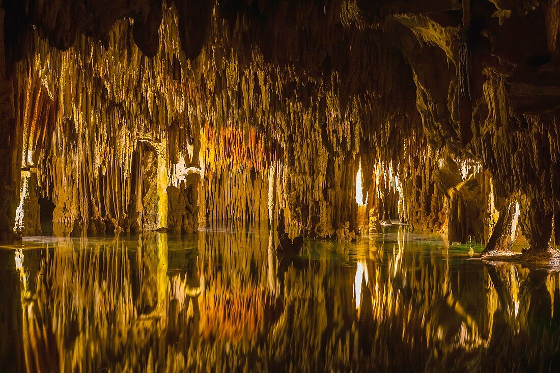 Limestone caves containing stalactites and stalagmites and cenotes connecting to an underground river, Aktun Chen Natural Park, Aktun, Riviera Maya, Mexico