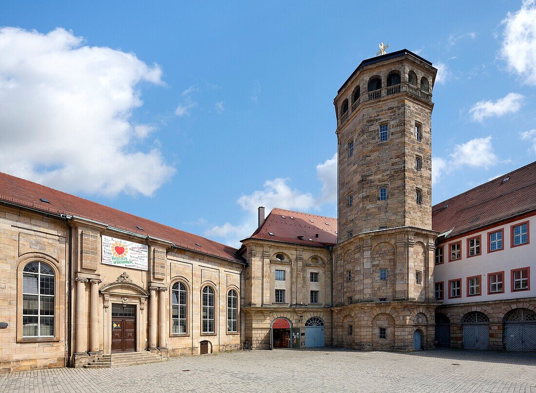 castle church, patio with castle tower, Bayreuth, Bavaria, Germany