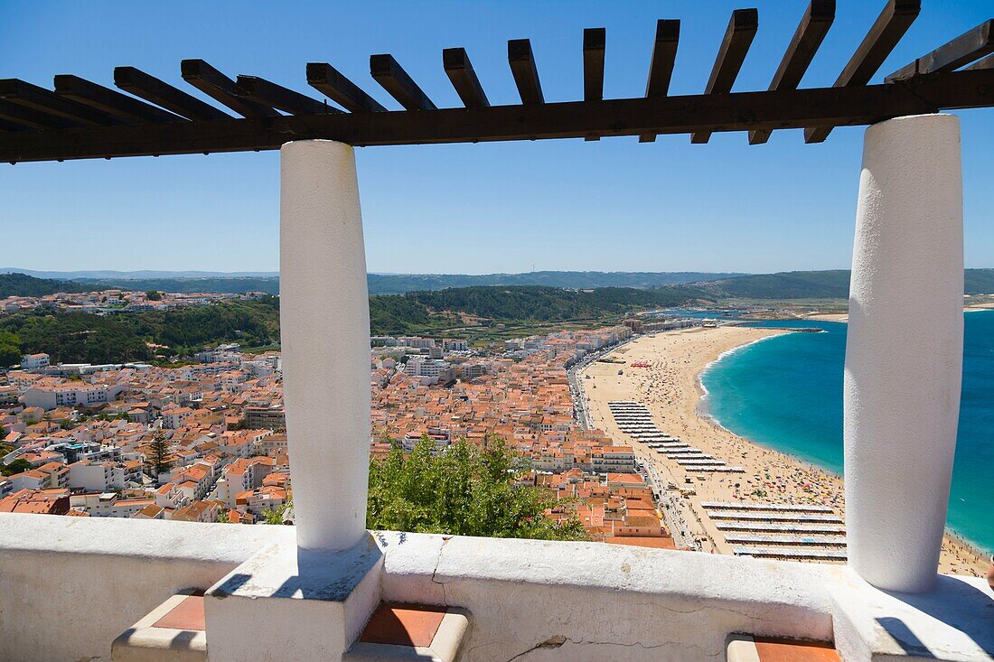 Beach, Praia, and Pederneira, hilltop old village, seen from Sitio, old village, Nazare, Oeste, Leiria District, Portugal