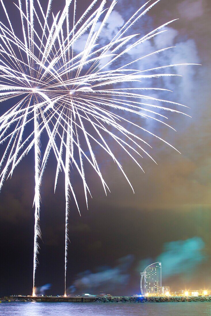 Fireworks at Barceloneta beach during Merce celebrations - Festes de la Mercè -, Barcelona, Spain