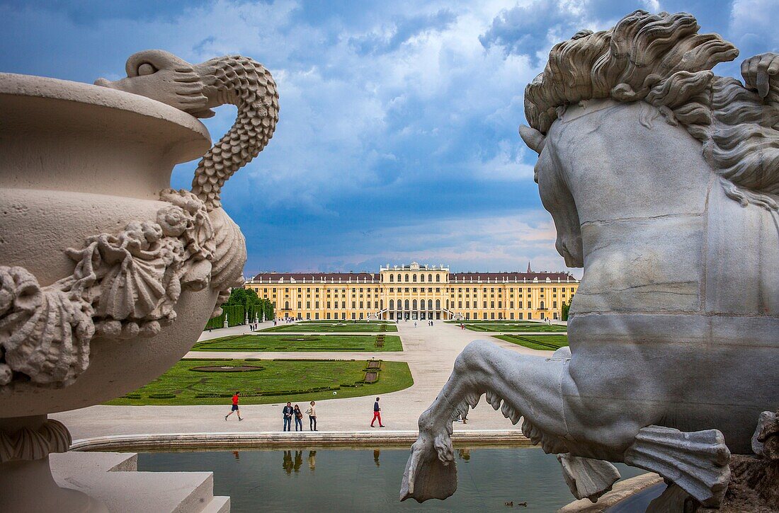 Schönbrunn Palace and gardens from Neptune fountain, Vienna, Austria, Europe