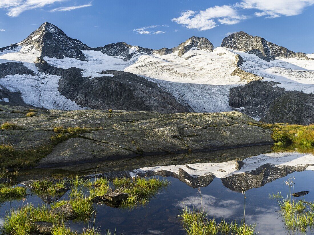 Valley head of valley Obersulzbachtal in the NP Hohe Tauern  The Peaks of Mt  Grosser Geiger and Mt  Maurerkeeskopf with a perfect reflection in a glacial pond  The National Park Hohe Tauern is protecting a high mountain environment with its characteristi