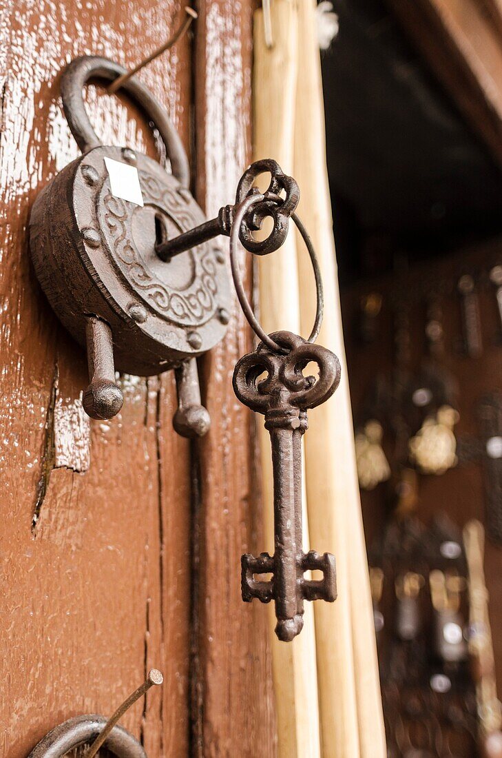 Door look and key at Barcena Mayor house village, Cantabria, Spain
