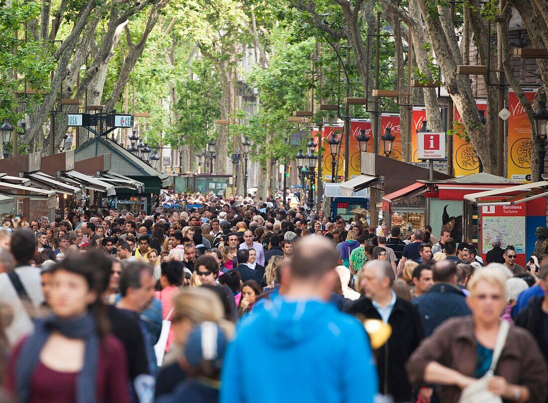 Barcelona, Spain  Evening crowds strolling on La Rambla