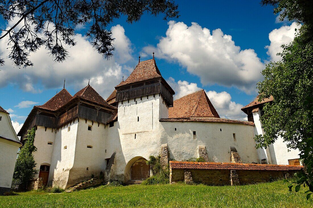 Front view of the Szekly medieval fortified church of Viscri, Bunesti, Brasov, Transylvania. Started in the 1100´s. UNESCO World Heritage Site