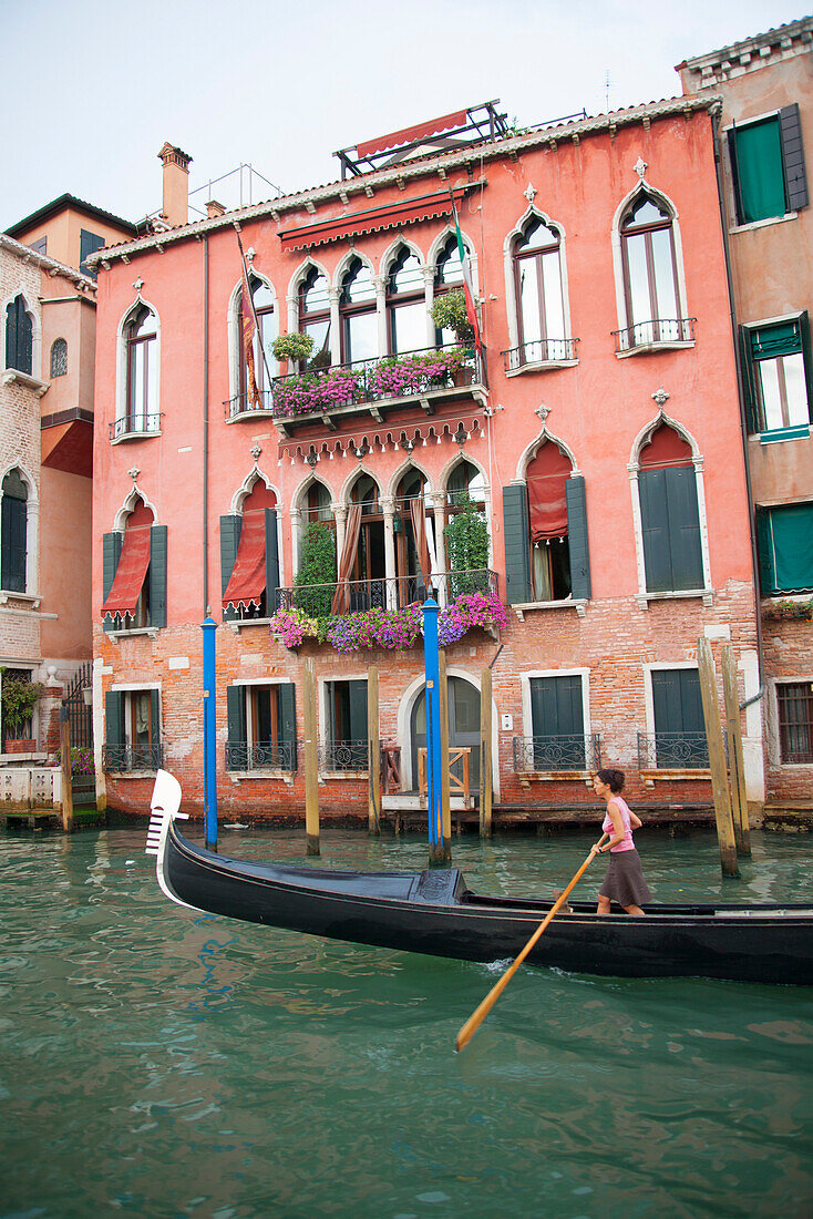Young woman with gondola, Grand Canal, Venice, Venezia, Italy, Europe