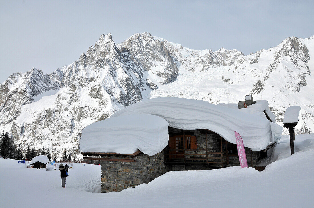 In the ski resort over Courmayeur with Mont Blanc, Aosta Valley, Italy