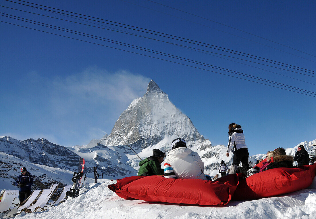 At Trockener Steg on Theodul glacier with Matterhorn in the background, Zermatt ski resort, Valais, Switzerland