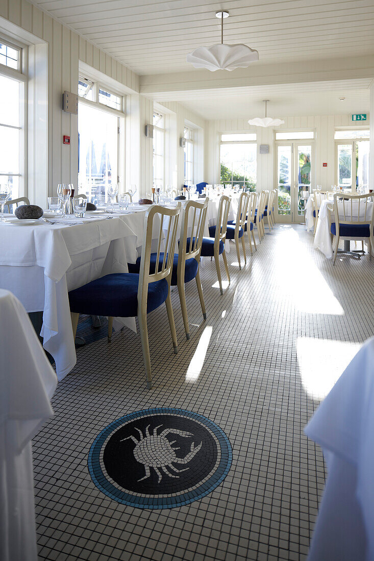 Restaurant with mosaic floor in Hotel Tresanton, St. Mawes, Cornwall, Great Britain