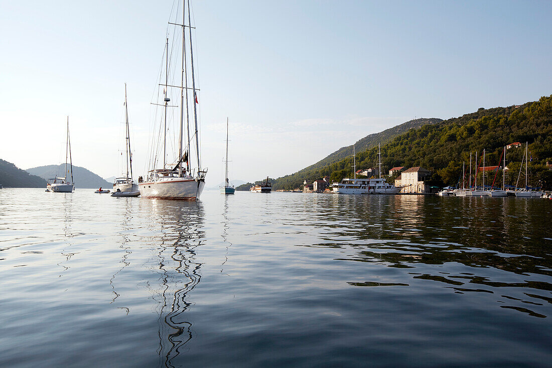 View from Sipanska Luka into the bay with its sailing boats, Sipan island, Elaphiti Islands, northwest of Dubrovnik, Croatia