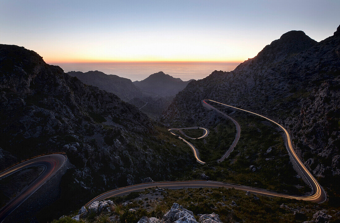 Legendary road The Snake to Sa Calobra at night, MA-2141, Tramuntana mountains, Mallorca, Balearic Islands, Spain