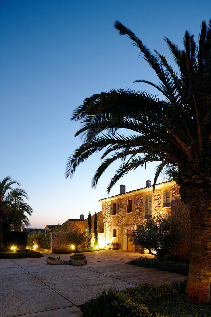 Haupthaus des Sa Franquesa Nova Hotel bei Nacht, Hotel Rural, Landhotel, zwischen Villafranca de Bonany und Manacor, Mallorca, Balearen, Spanien